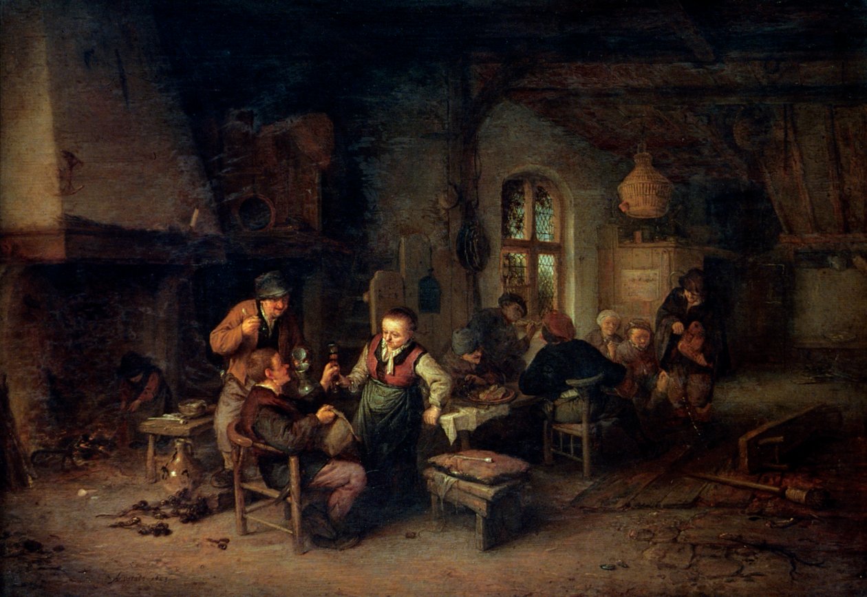 Das Innere eines Gasthauses mit neun Bauern und einem Drehleierspieler, 1653 von Adriaen Jansz. van Ostade