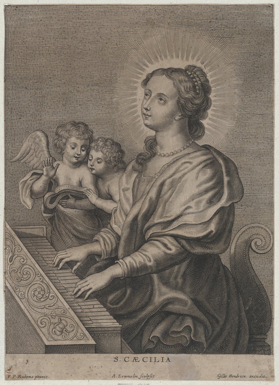 Heilige Cäcilia spielt die Orgel mit zwei Putti links, ca. 1654-77 von Adriaen Lommelin
