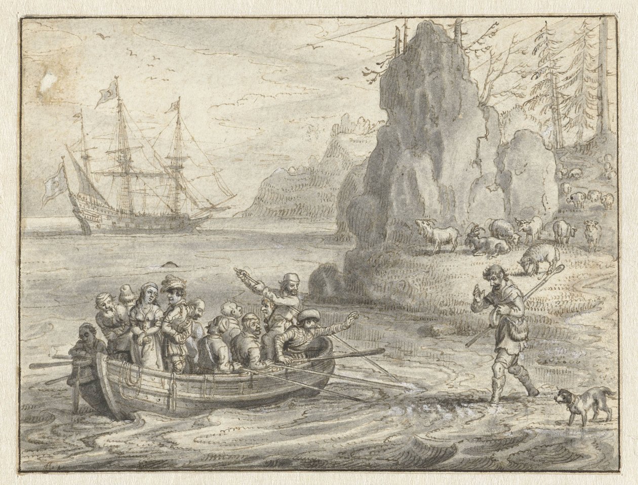 Celadon bittet Piraten, ihn mit seiner entführten Frau Galatea mitzunehmen von Adriaen Pietersz van de Venne