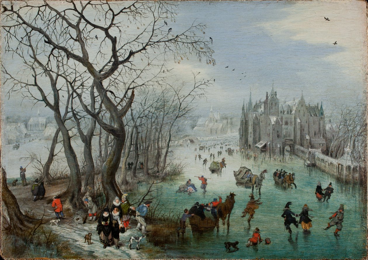 Winterlandschaft mit Schlittschuhläufern nahe einem Schloss, 1615 von Adriaen Pietersz van de Venne