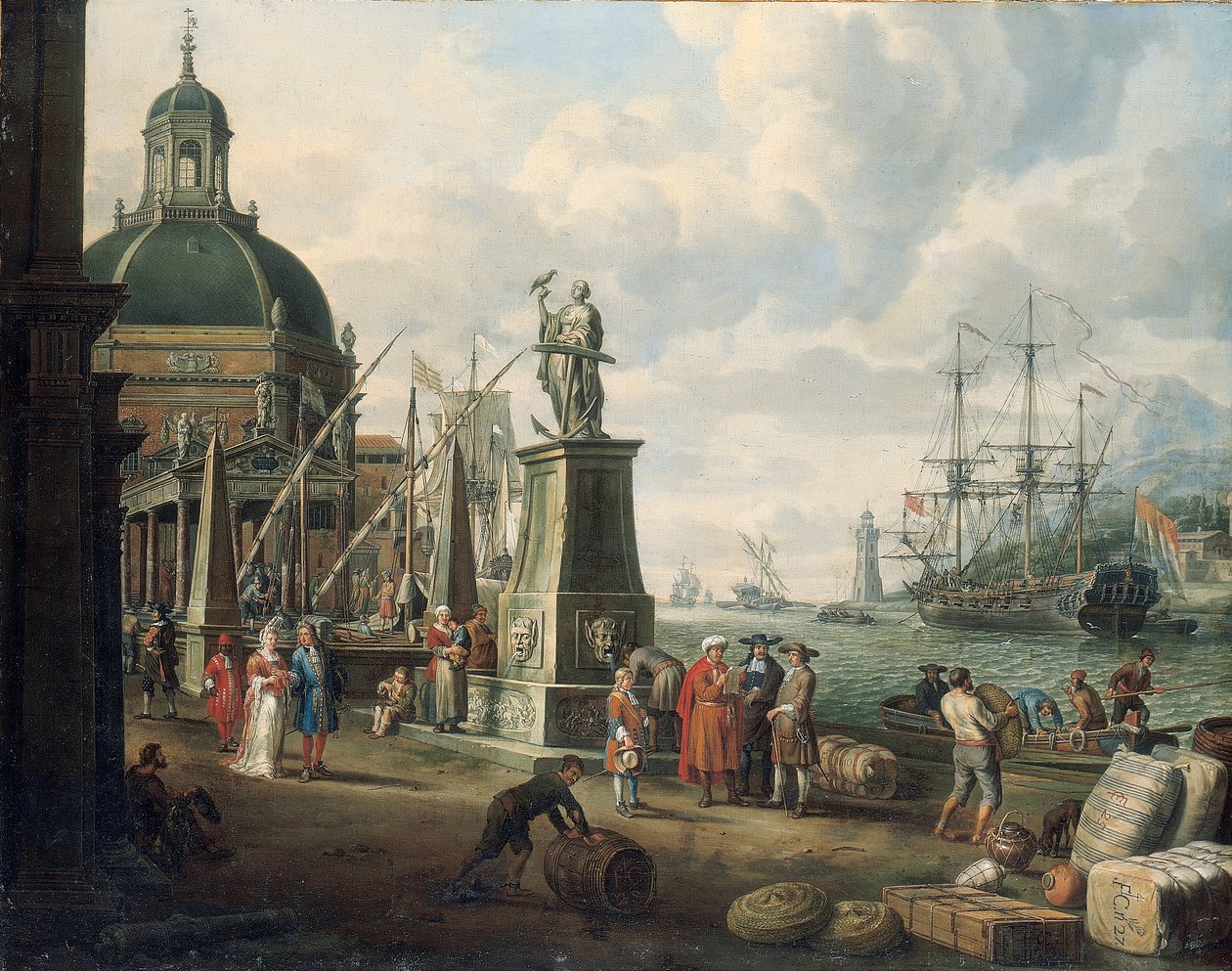 Ein Capriccio eines Mittelmeerhafens mit Kaufleuten, einem eleganten Paar am Kai, vor einer Statue der Hoffnung und einer barocken Kirche, einem Leuchtturm, einem niederländischen Kriegsschiff und anderen Schiffen dahinter, 1700 von Adriaen Verdoel