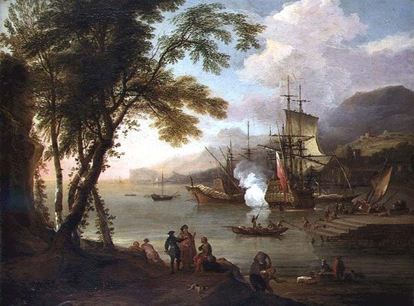 Ein Capriccio eines Mittelmeerhafens mit Schiffen, Kaufleuten und Hafenarbeitern von Adriaen van Diest