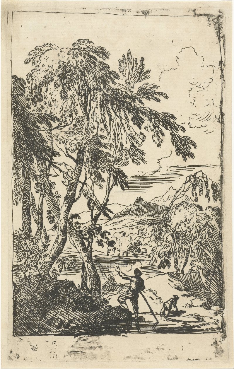 Bergige Landschaft mit Bäumen und Mann mit Hund von Adriaen van Diest