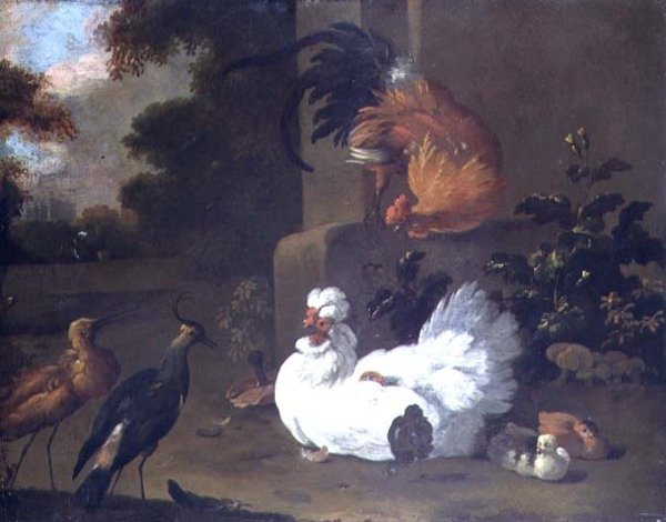 Ein Ruft, ein Kiebitz und Hühner bei einem Aufstiegblock von Adriaen van Oolen