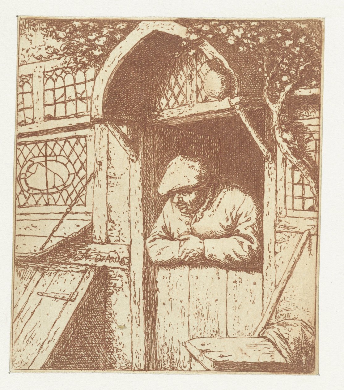 Bauer, der sich auf die Tür lehnt von Adriaen van Ostade