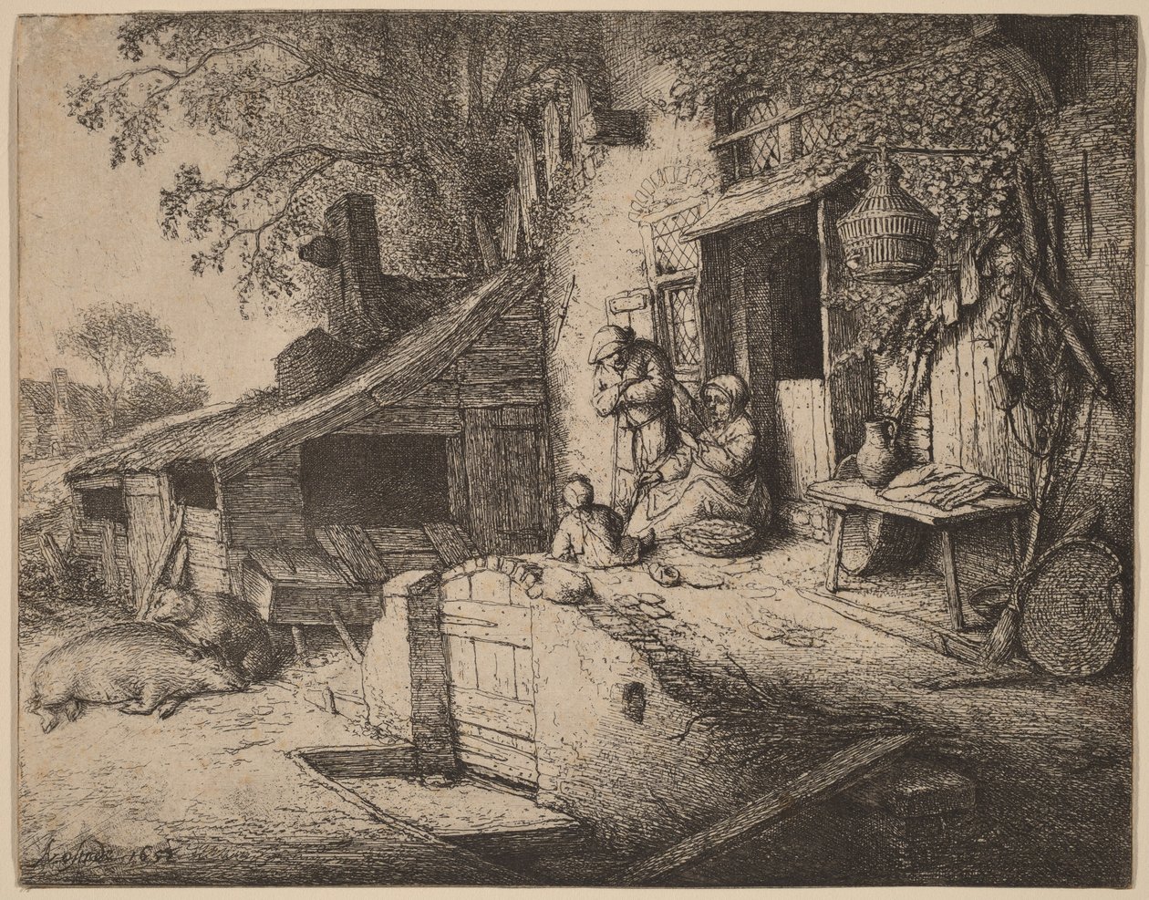 Bauernhof mit einer Bauernfamilie vor der Haustür, die Frau beim Spinnen von Adriaen van Ostade