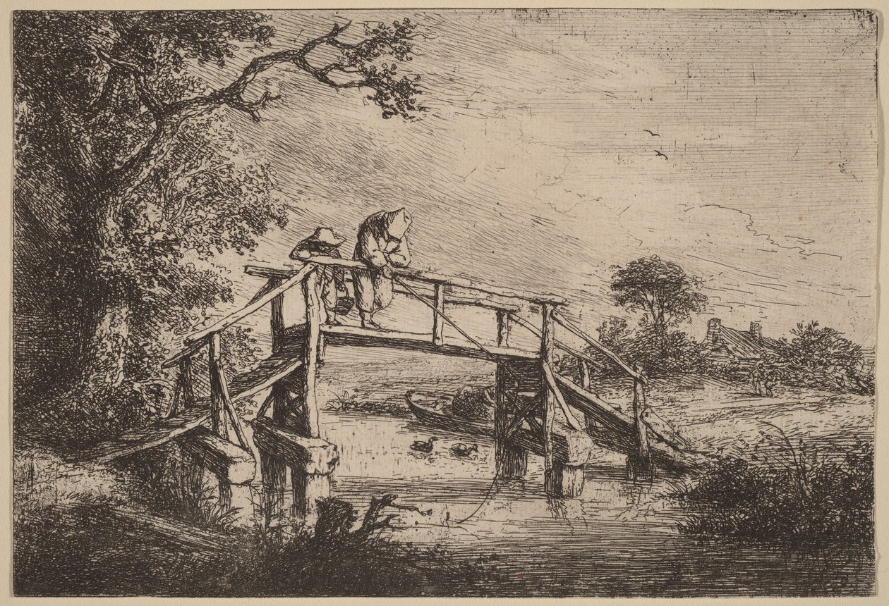 Landschaft mit Brücke und zwei Fischern von Adriaen van Ostade
