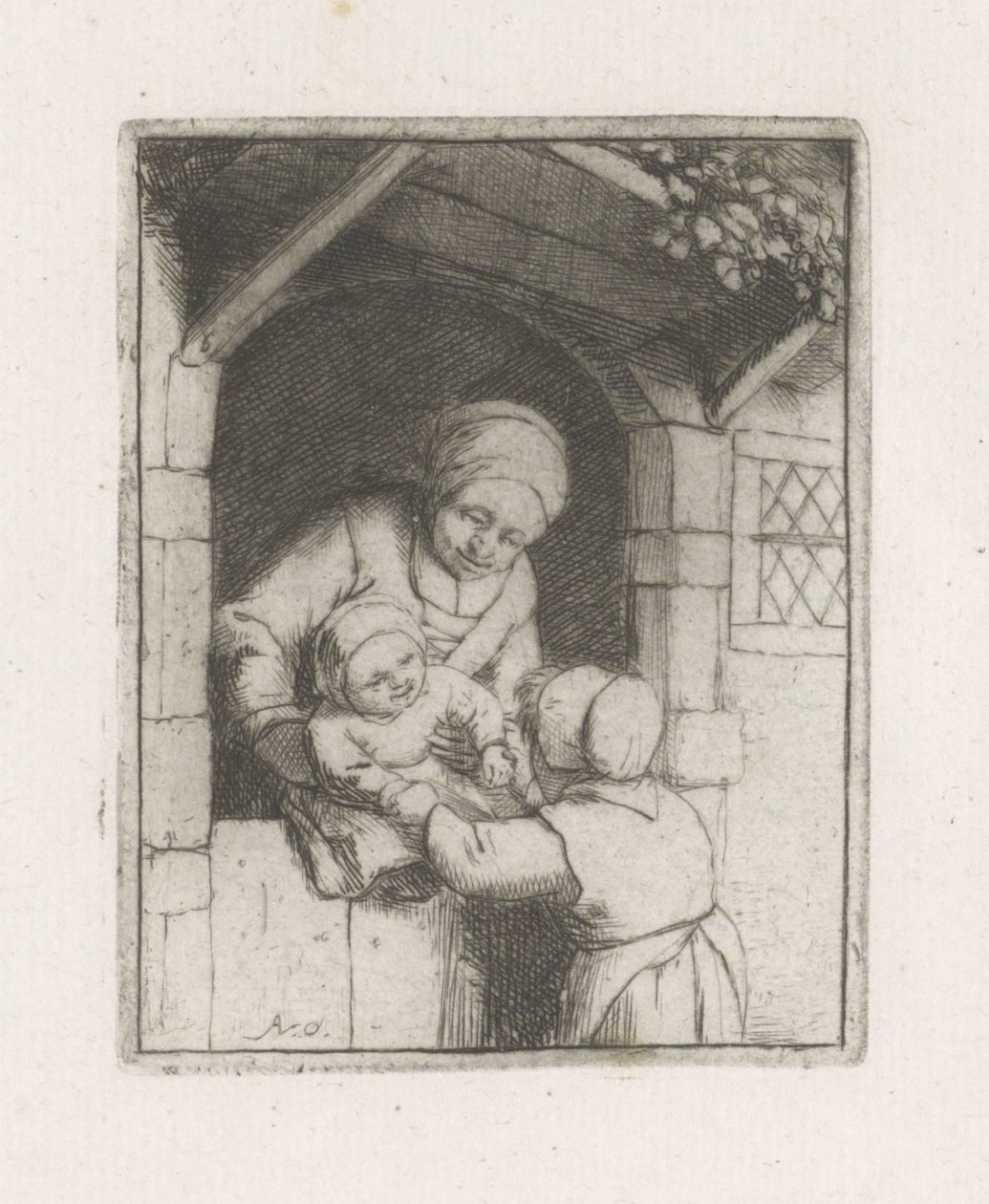 Mutter mit zwei Kindern in einer Türöffnung von Adriaen van Ostade