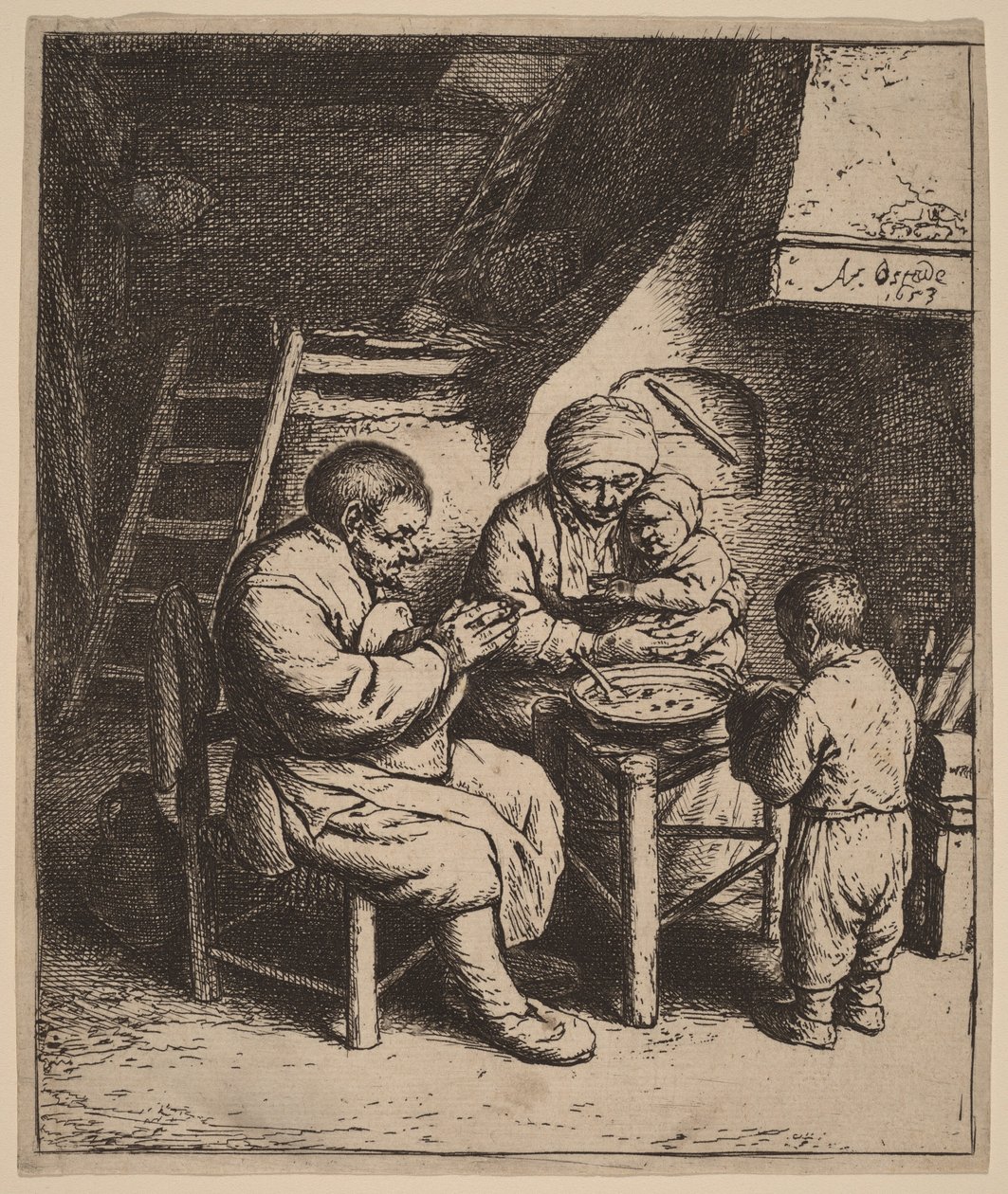 Bauernfamilie beim Gebet vor einer Mahlzeit von Adriaen van Ostade