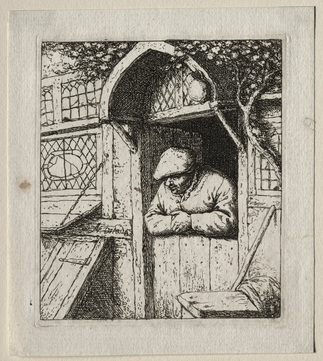 Bauer, der sich an seiner Tür lehnt von Adriaen van Ostade