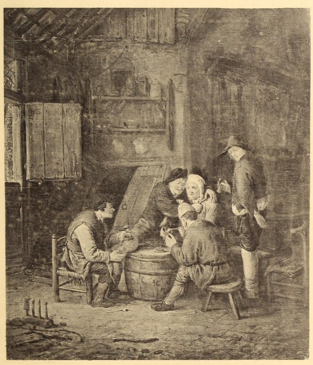 Bauern um ein Fass in einem Gasthaus von Adriaen van Ostade