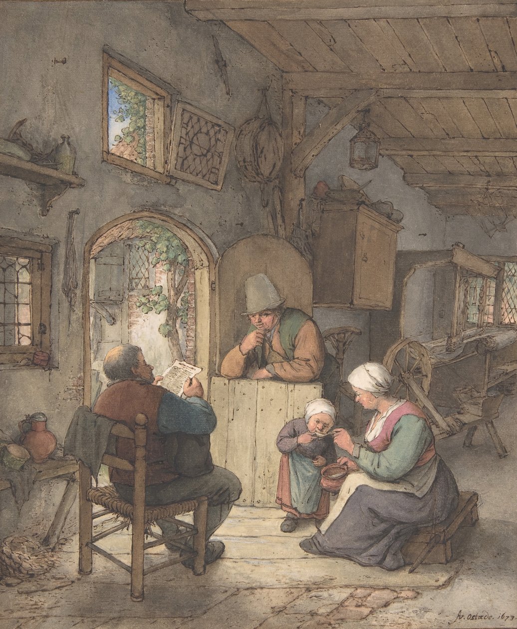 Nachrichtenlesen im Weberhaus, 1673 von Adriaen van Ostade