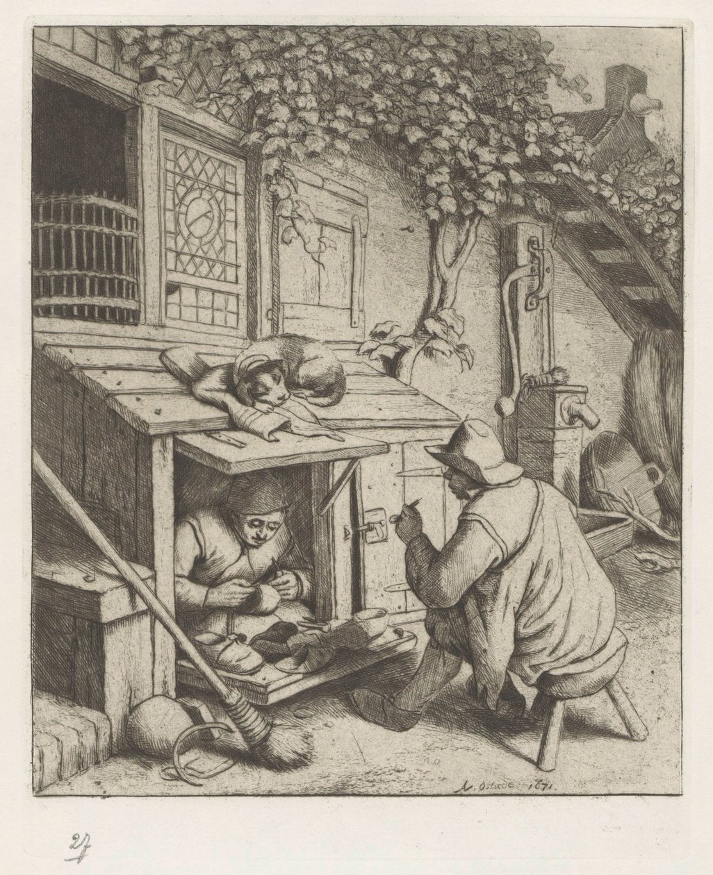 Schuster in einem Laden vor seinem Haus und ein Kunde von Adriaen van Ostade