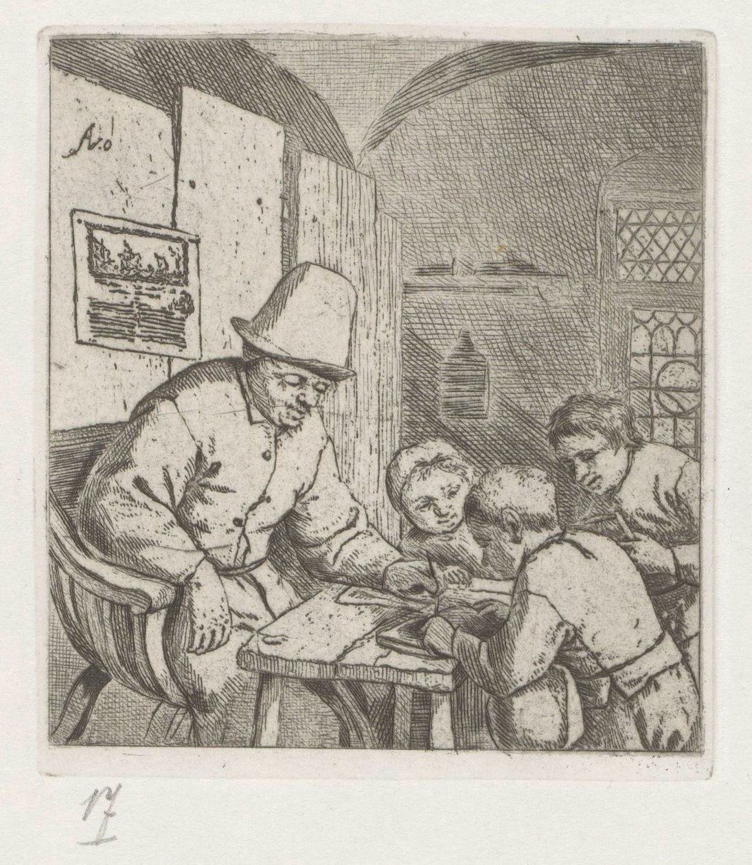 Schulmeister mit drei Schülern am Tisch von Adriaen van Ostade