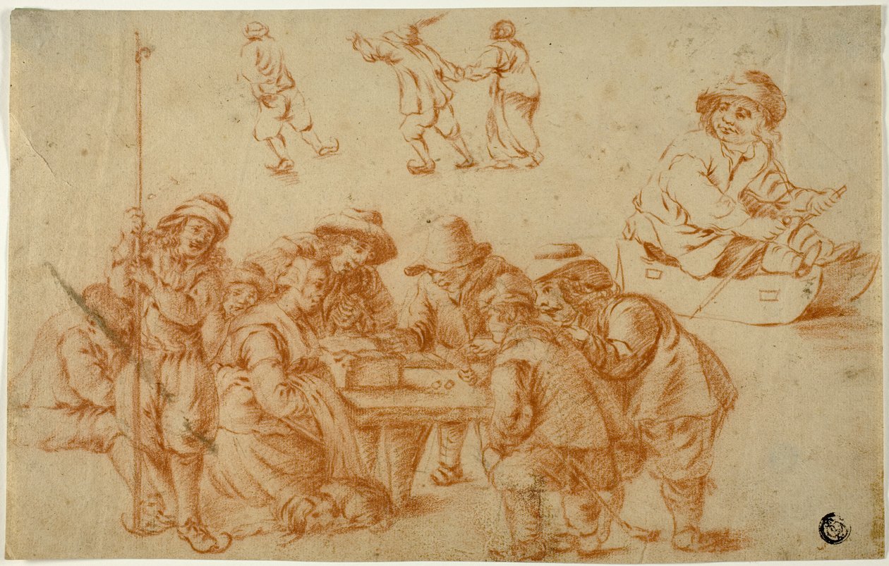 Skizzen von Bauern beim Würfeln und Schlittschuhlaufen; Skizze eines Jungen auf einem Schlitten von Adriaen van Ostade