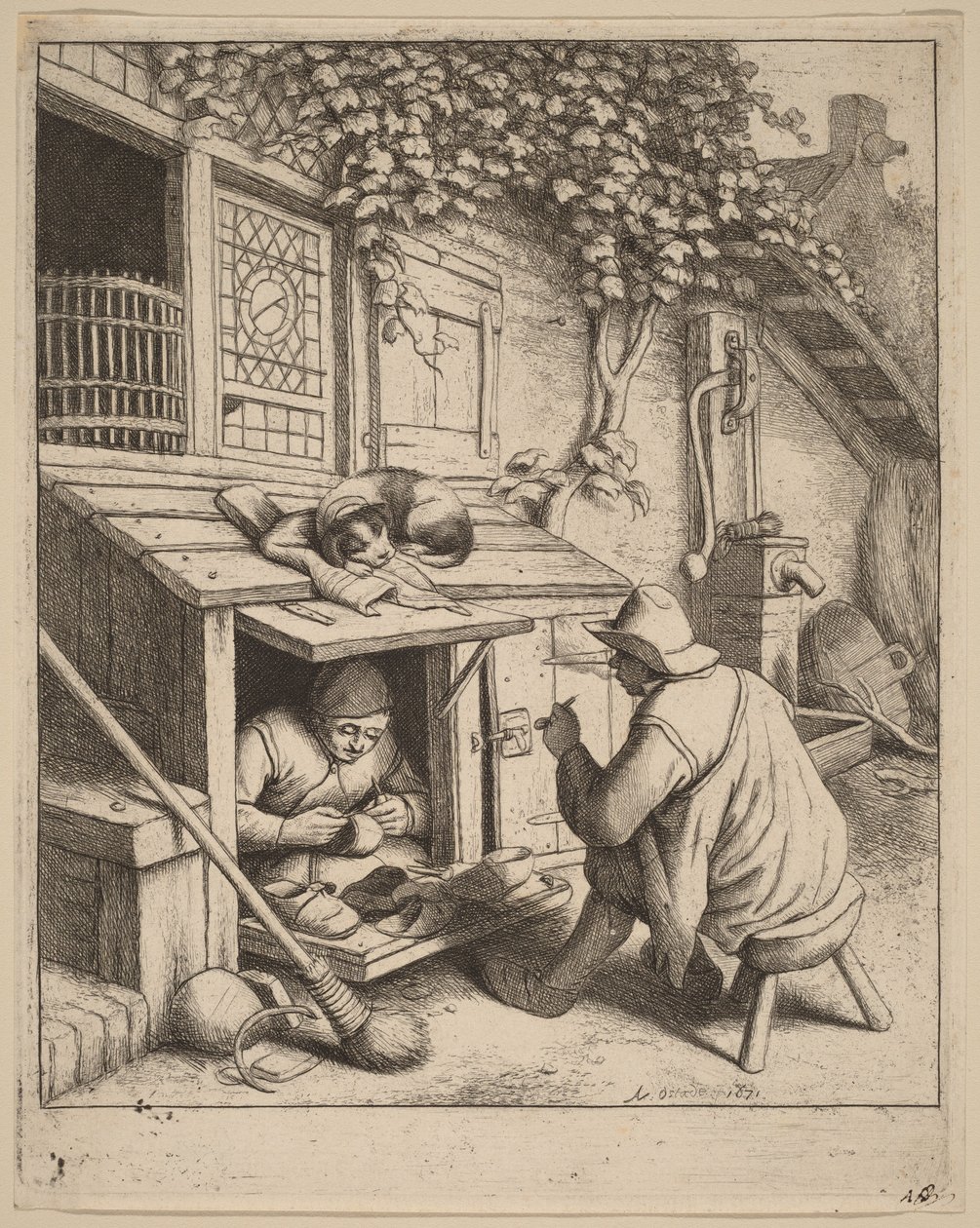 Raucher auf einem Hocker im Gespräch mit einem arbeitenden Schuster von Adriaen van Ostade