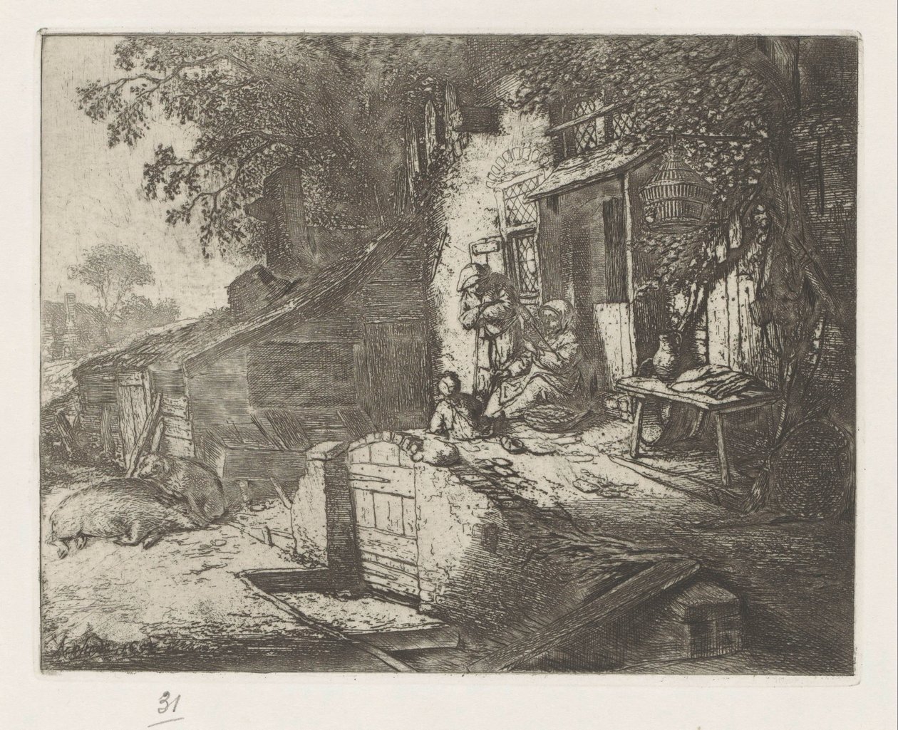 Spinnende Frau vor einem Haus von Adriaen van Ostade