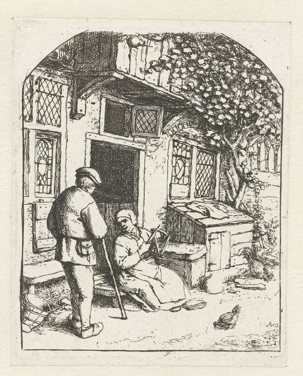 Spinnerin sitzt auf der Schwelle eines Hauses im Gespräch mit einem Mann von Adriaen van Ostade