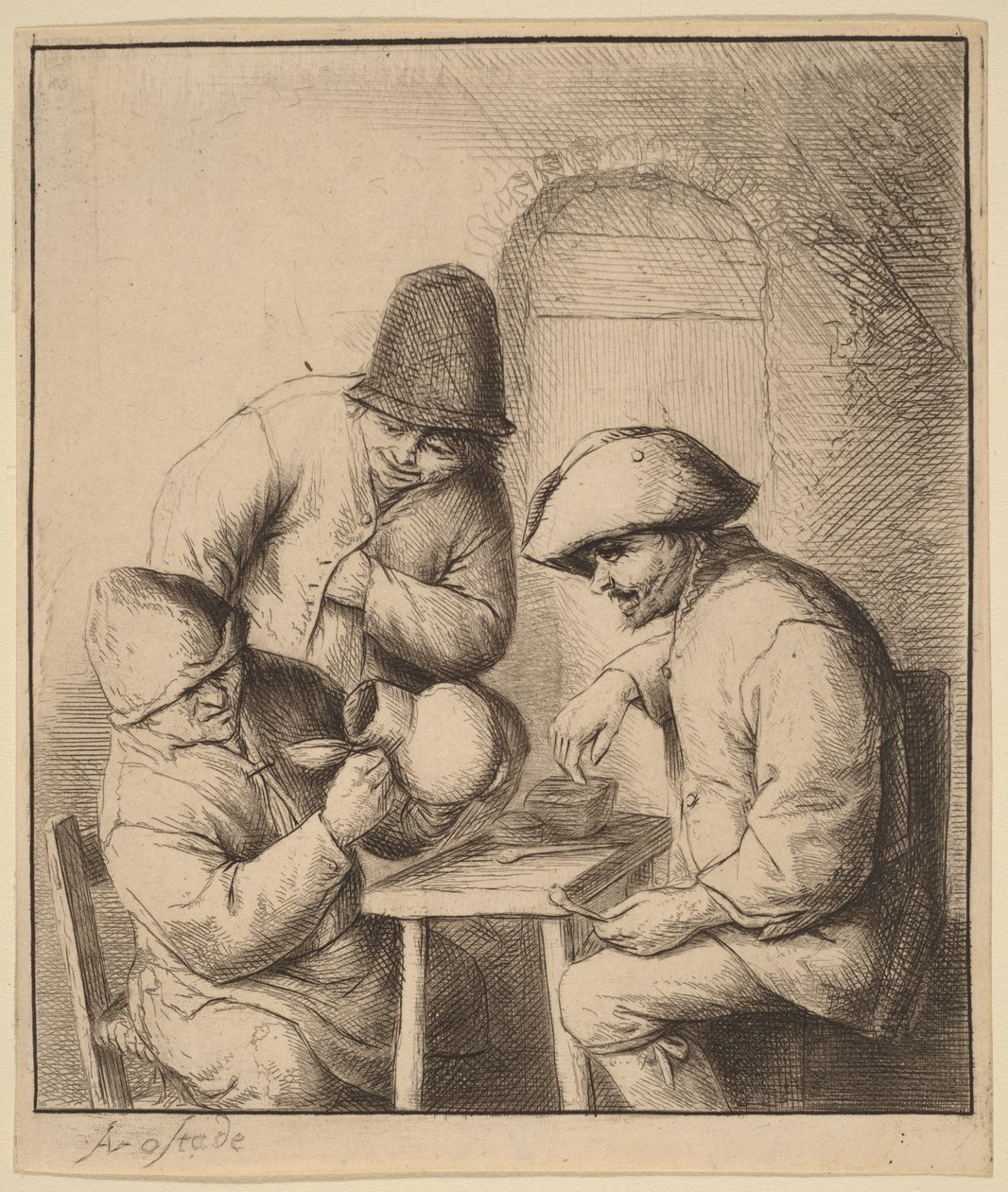 Drei Bauern in einem Gasthaus, einer schaut in einen Krug von Adriaen van Ostade