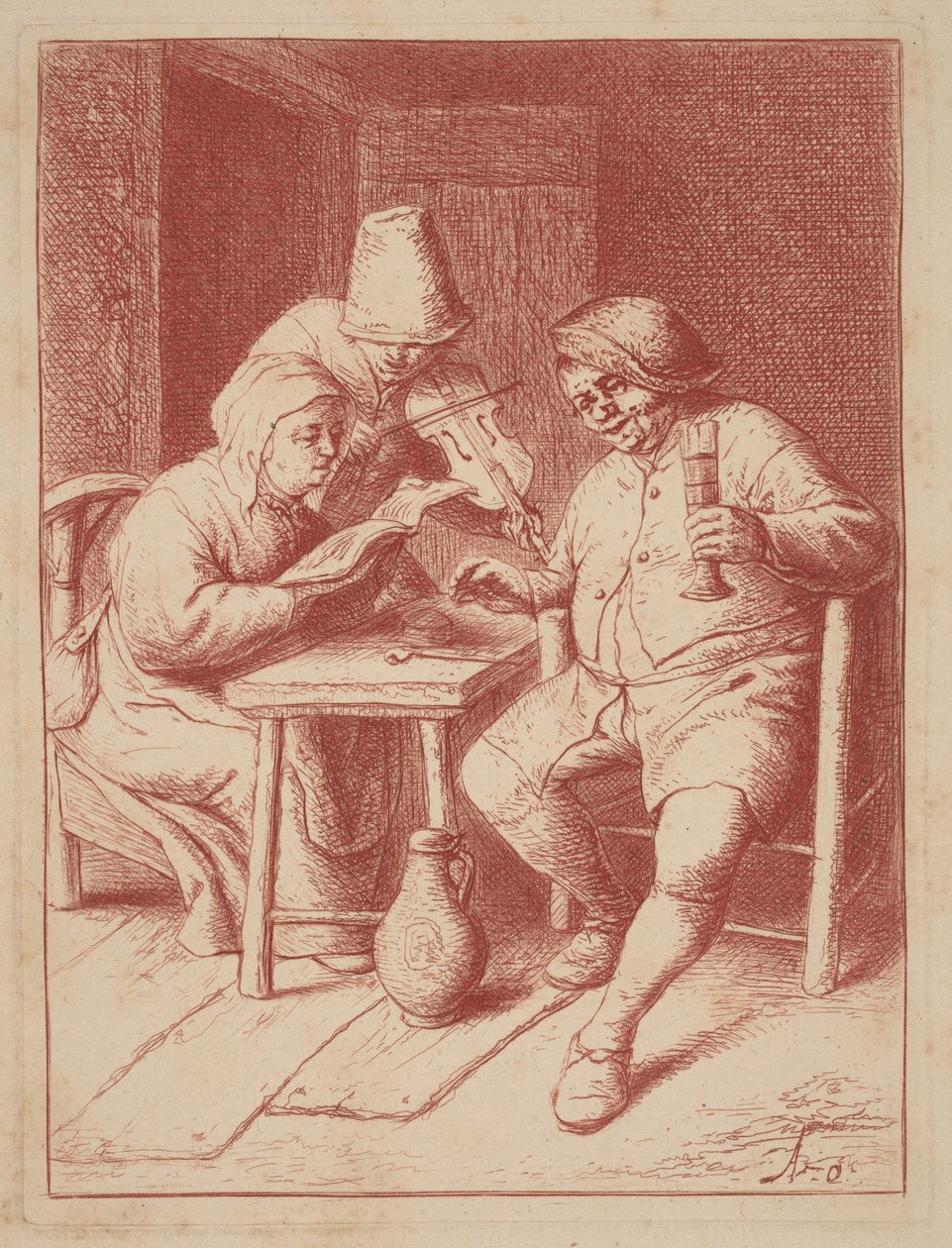 Zwei Sänger und ein Geiger in einem Innenraum von Adriaen van Ostade