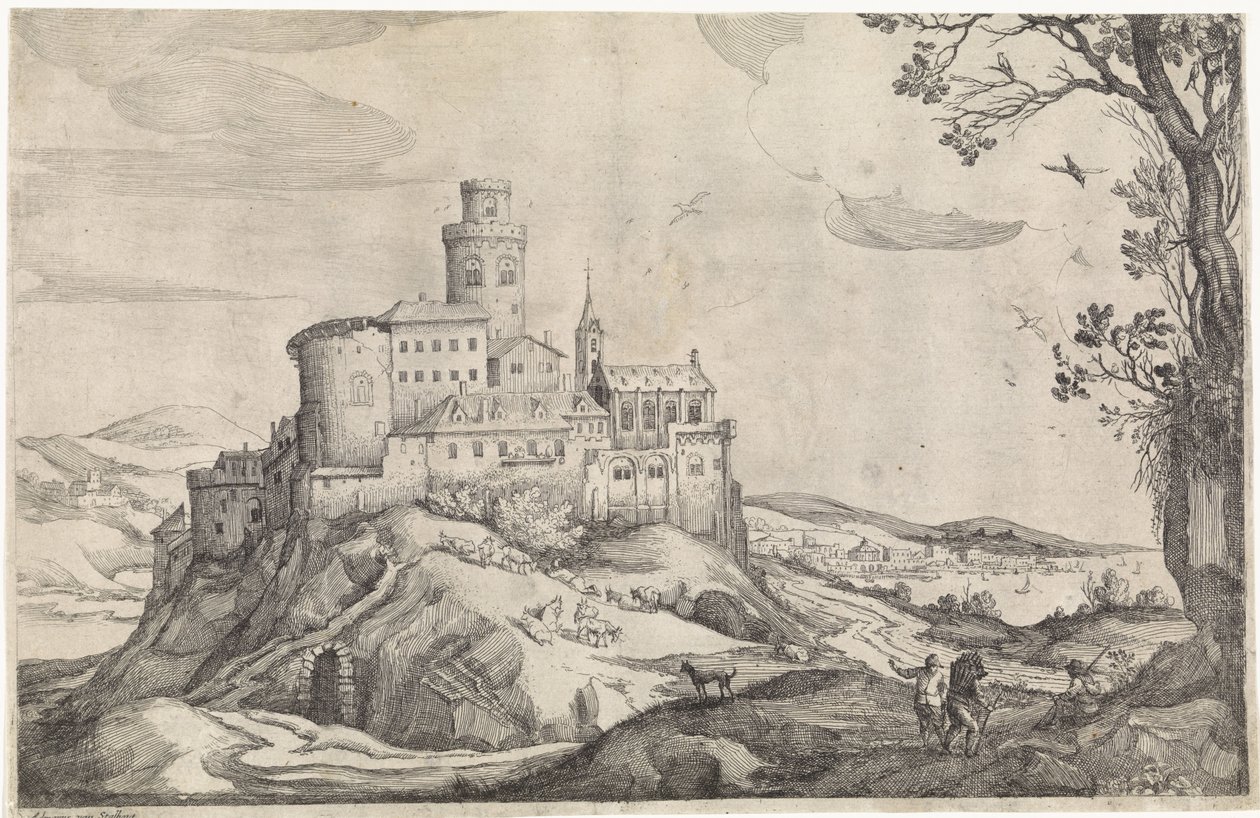 Landschaft mit einem Schloss auf einem Berg von Adriaen van Stalbemt