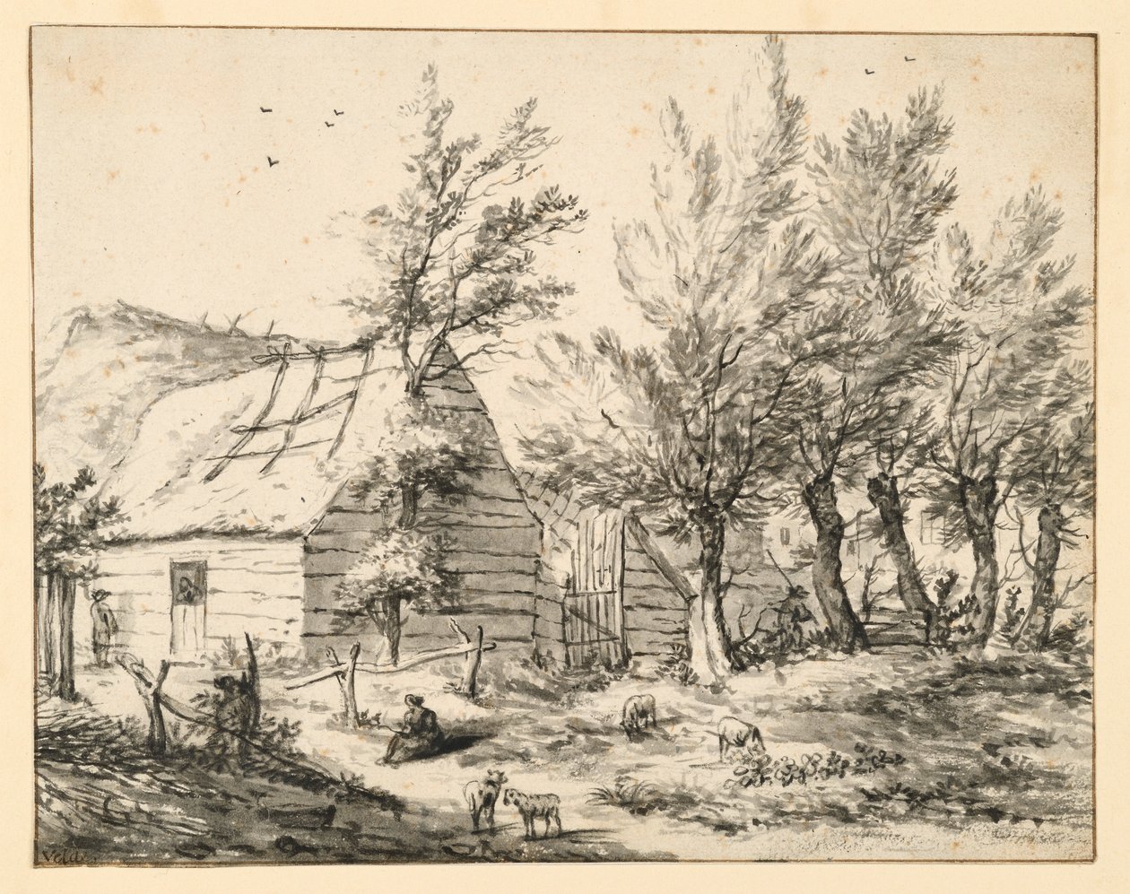 Bauernhof hinter einer Reihe von Kopfweiden von Adriaen van de Velde