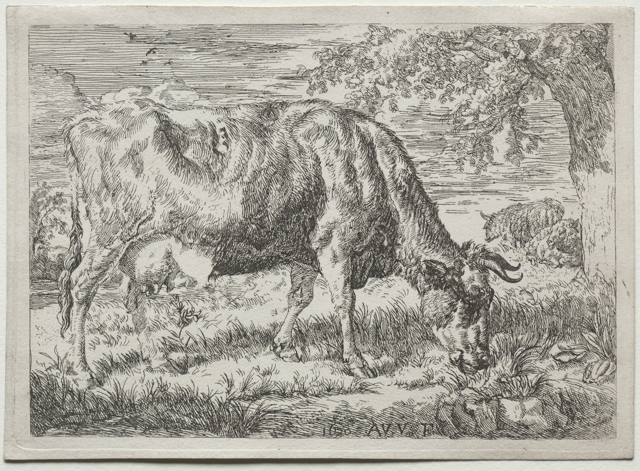 Kuh und zwei Schafe am Fuße eines Baumes von Adriaen van de Velde