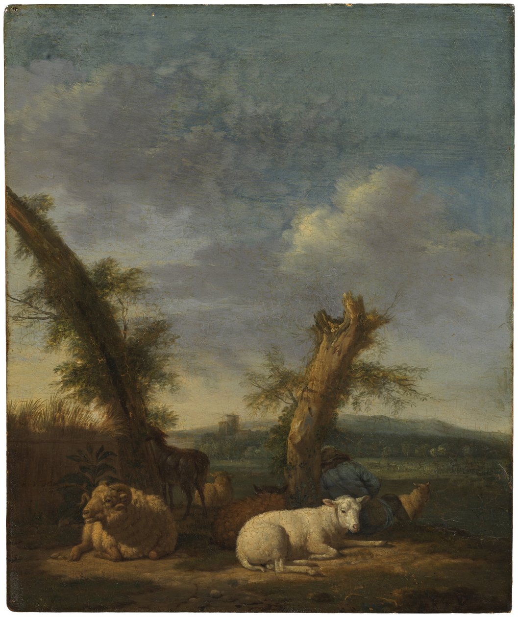 Landschaft mit Schafen und einem schlafenden Schäfer von Adriaen van de Velde