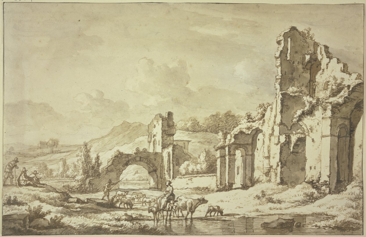 Landschaft mit römischen Ruinen, vorne reitet eine Hirtin mit der Herde durchs Wasser, links zwei Maler von Adriaen van de Velde