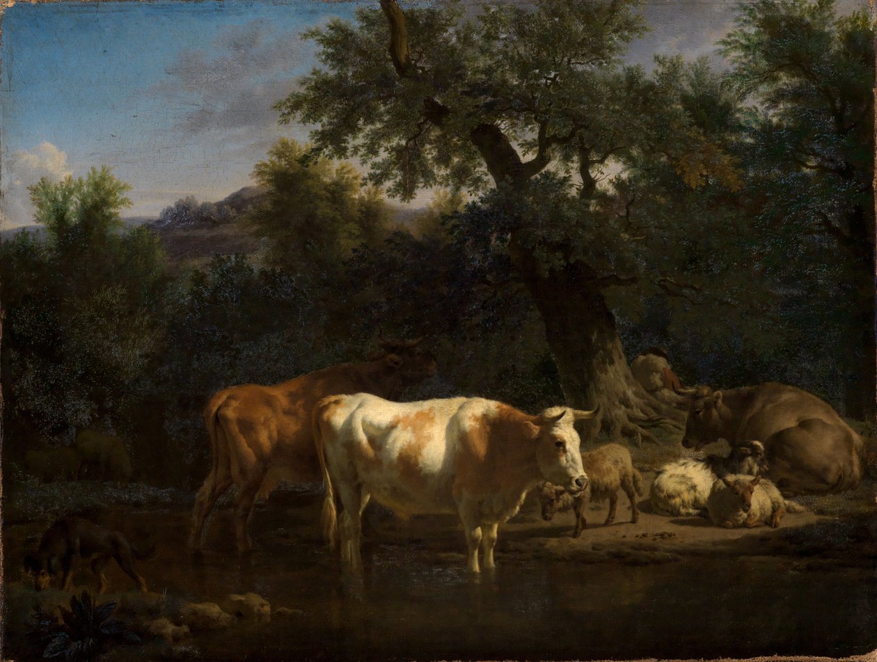 Rinder und Schafe am Waldwasser von Adriaen van de Velde