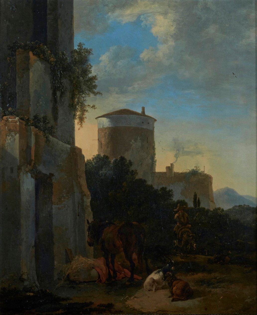 Italienische Dorfstraße mit einem Pferd, Ziegen und einem Mann auf einem Esel von Adriaen van der Cabel