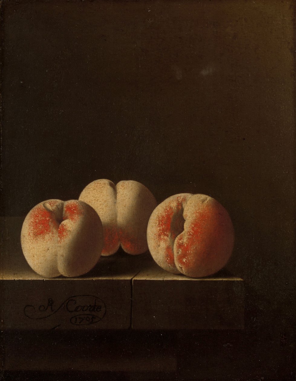Drei Pfirsiche auf einem Steinsockel, 1705 von Adrian Coorte
