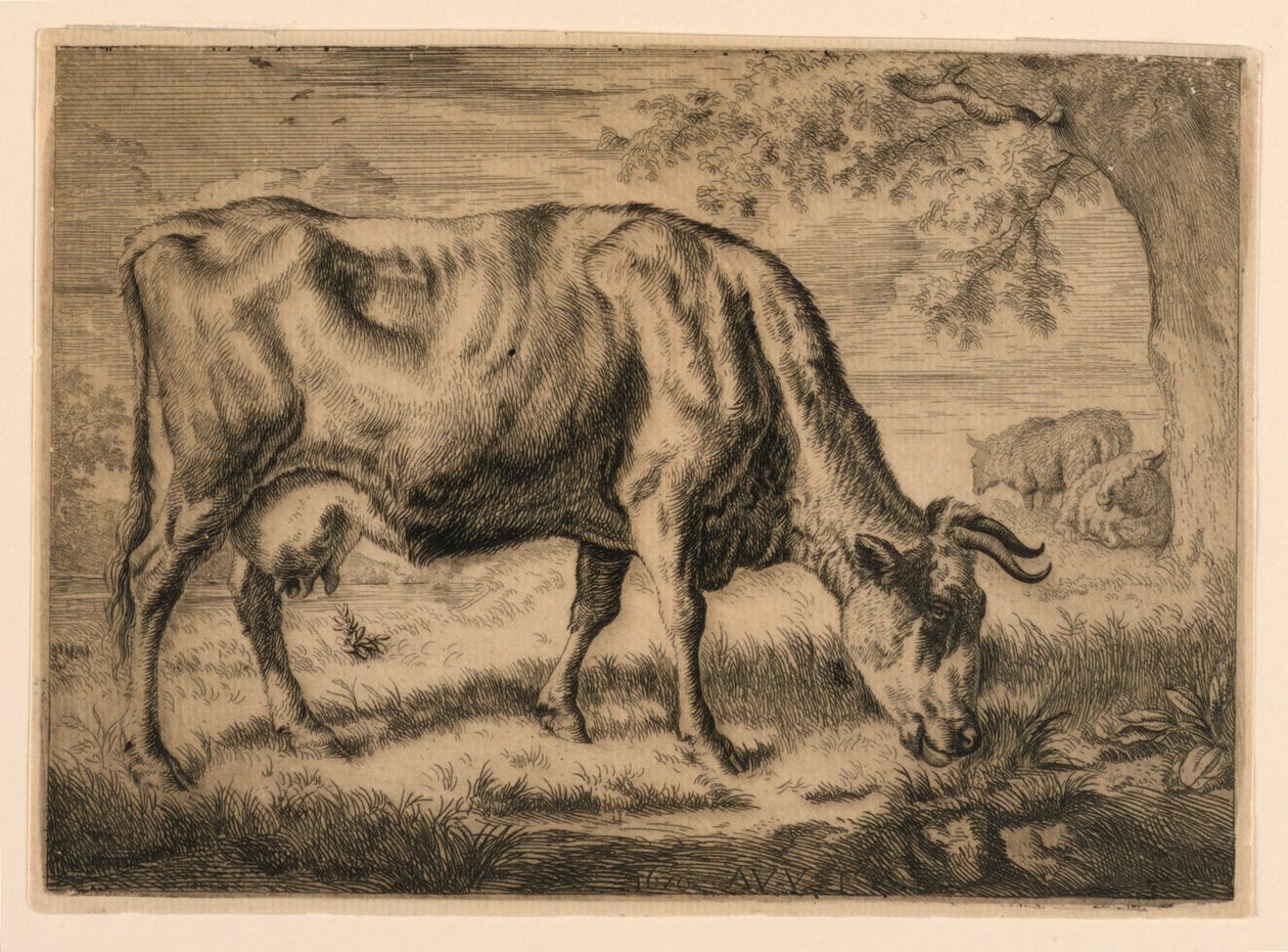 Kuh und zwei Schafe am Fuße eines Baumes von Adrian van de Velde