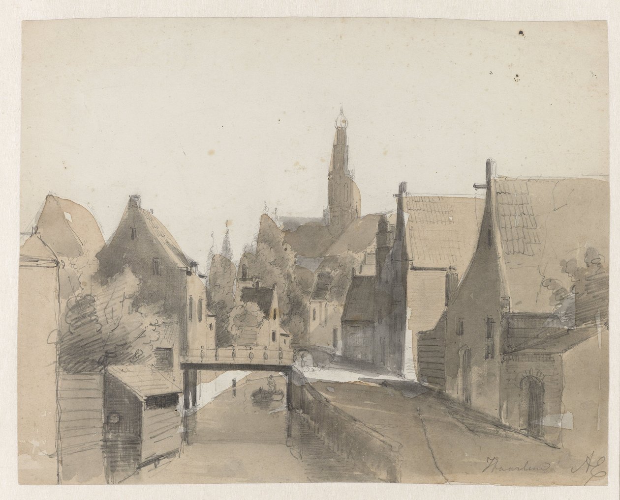 Ansicht eines Kanals in Haarlem, im Hintergrund die St. Bavo von Adrianus Eversen