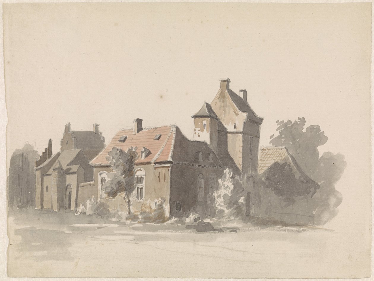 Ansicht einer Gruppe von Häusern mit Stadttor (?) von Adrianus Eversen