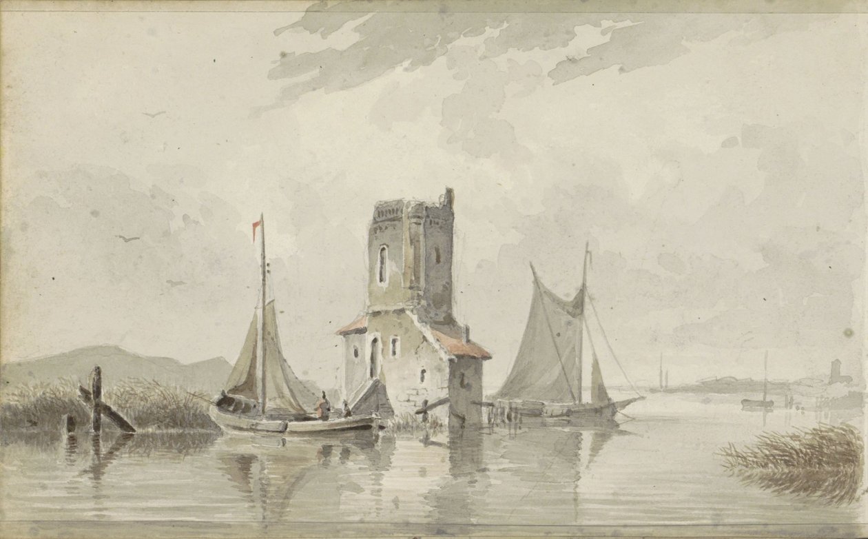 Flusslandschaft mit einem Turm von Adrianus Eversen