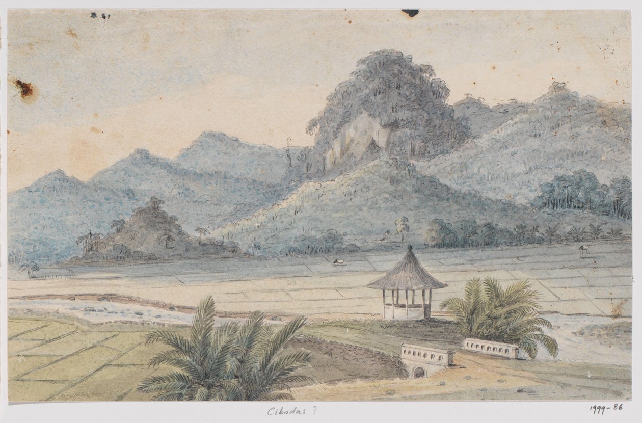 Landschaft bei Cibodas mit Brücke und Pavillon, West-Java von Adrianus Johannes Bik