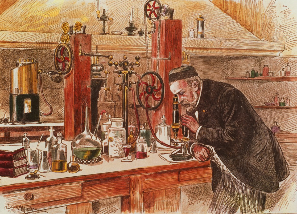 Louis Pasteur experimentiert zur Heilung der Tollwut in seinem Labor, ca. 1885, veröffentlicht ca. 1895 von Adrien Emmanuel Marie