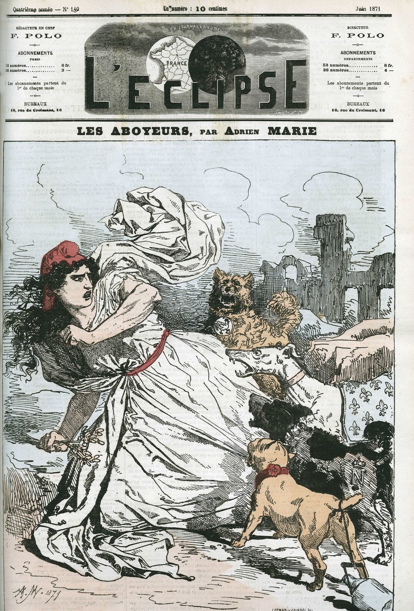 Bellen, die Republik verfolgt von royalistischen oder bonapartistischen Hunden. Cover in „L