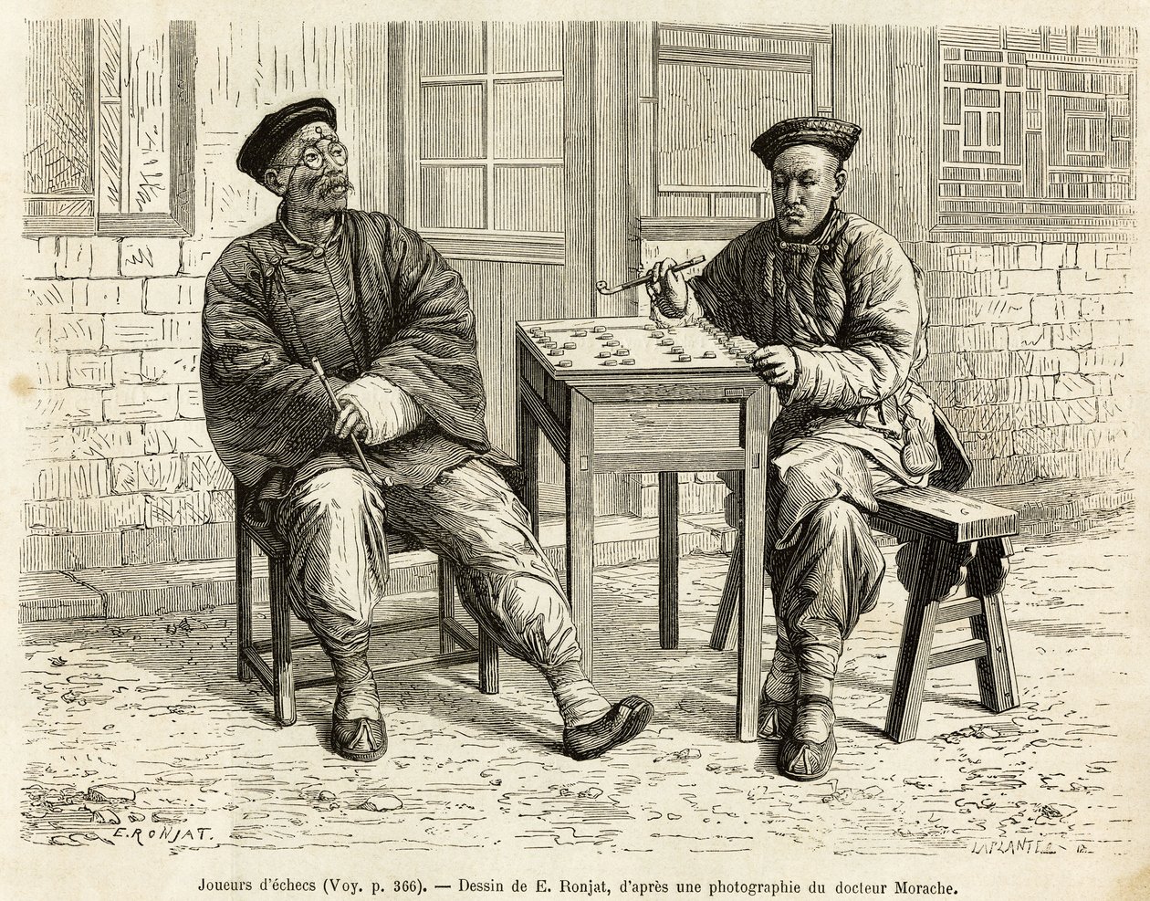 Schachspieler. Gravur nach einer Zeichnung von A. Marie, um die Reise nach Peking und Nordchina von T. Choutze in 1873 zu illustrieren, veröffentlicht in "Le tour du monde" 1876, herausgegeben von Edouard Charton, Hachette-Ausgabe, Paris. Selva-Sammlung von Adrien Emmanuel Marie