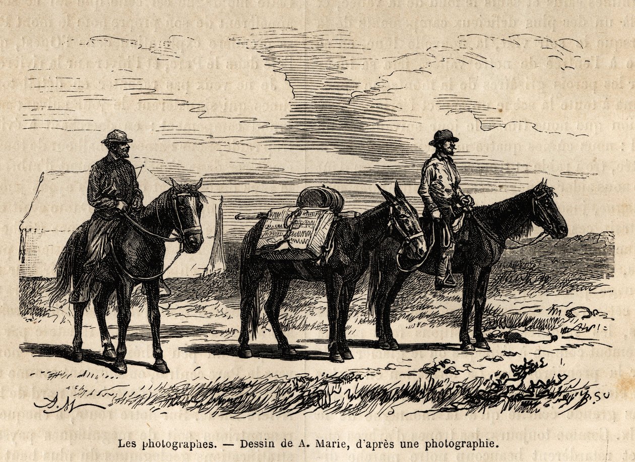 Fotografen der amerikanischen geologischen Mission, zu Pferd, sorgfältig verpacktes Material bereit für eine neue Etappe, Gravur nach der Zeichnung von A. Marie, zur Illustration einer Reihe von geografischen Missionen durch den United States National Park von Adrien Emmanuel Marie