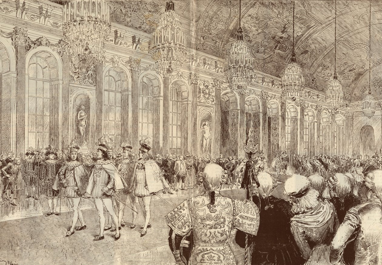 Die Prozession der Ritter des Ordens des Heiligen Geistes in der Eishalle des Schlosses von Versailles am Pfingsttag 1789. Zeichnung von Adrien Marie aus dem Jahr 1889 von Adrien Emmanuel Marie