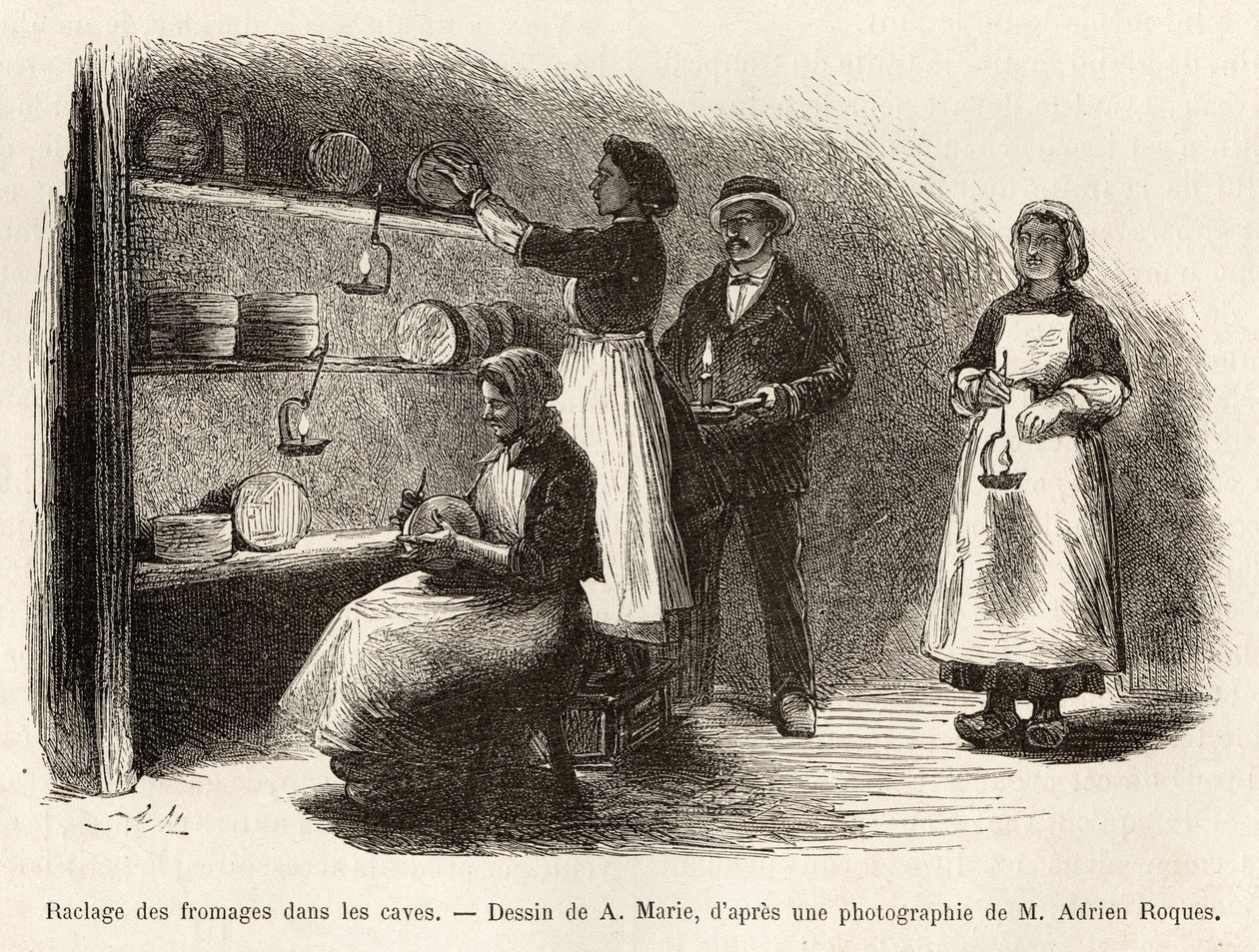 Das Schaben und Nähen von Käsesorten, nach der Weinkellerei alle acht Tage, diese Operationen erleichtern die Fermentation und die Bildung von Blauschimmel im Roquefort, Gravur nach einer Zeichnung von A. Marie, zur Illustration einer Reise nach Roquefort  von Adrien Emmanuel Marie