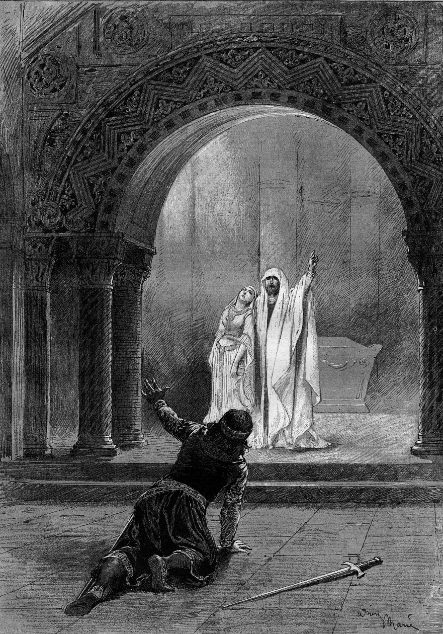 Theateraufführung: „Garin“ von Paul Delair (1842-1894) mit Henri Maubant (1821-1908) (Herbert), Adeline Dudlay (Aischa) und Jean Sully Mounet genannt Mounet-Sully (Mounet-Sully) (1841-1916) (Garin). Paris, Comédie-Française von Adrien Emmanuel Marie