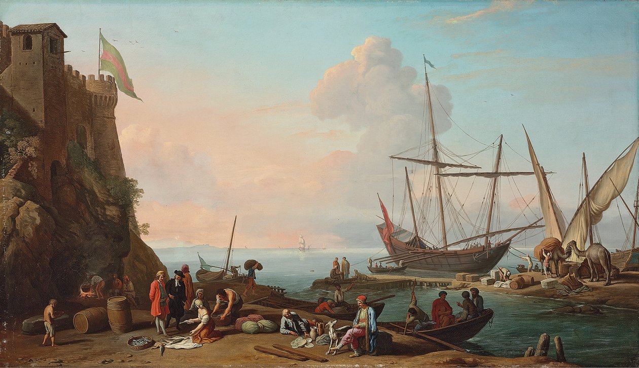 Ein Mittelmeerhafen mit Arbeitern, die ihre Schiffe entladen, Figuren im Vordergrund verkaufen Fisch vor einer Festung von Adrien Manglard