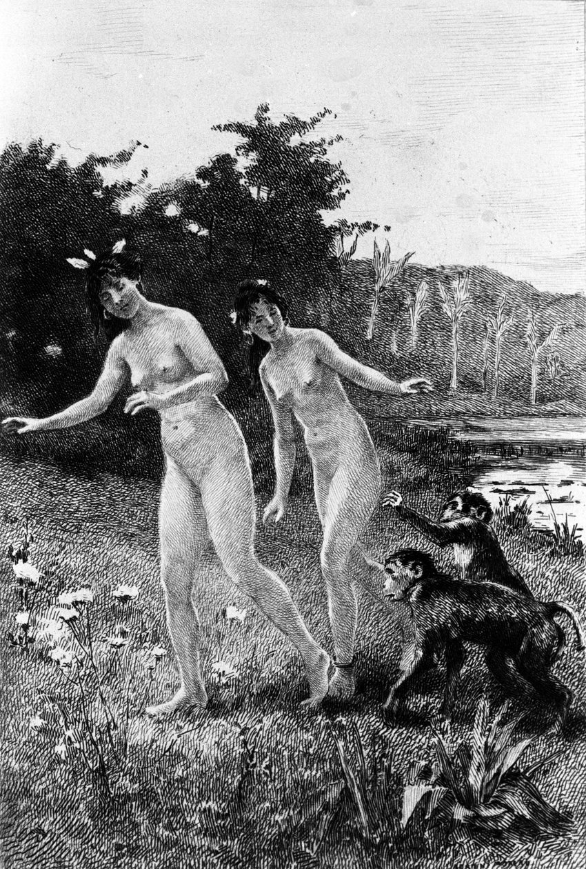 Gravur von Adrien Moreau, die „Candide“ von Voltaire illustriert von Adrien Moreau