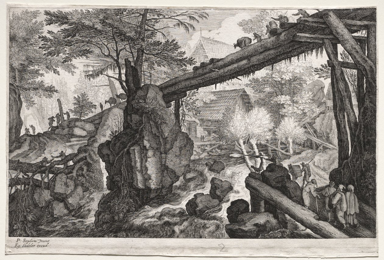 Acht böhmische Landschaften: Landschaft mit Holzbrücke über Katarakt von Aegidius Sadeler
