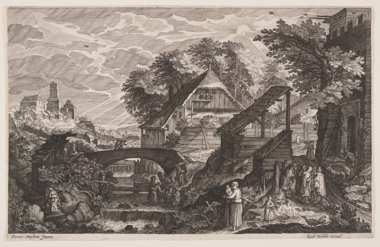 Bauernhäuser rechts eines Flusses, aus Acht Szenen aus Böhmen von Aegidius Sadeler II