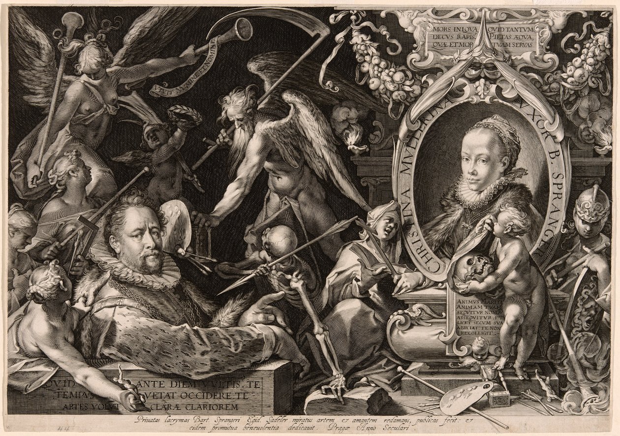 Porträt von Bartolomaeus Spranger mit einer Allegorie auf den Tod seiner Frau, Christina Müller von Aegidius Sadeler II