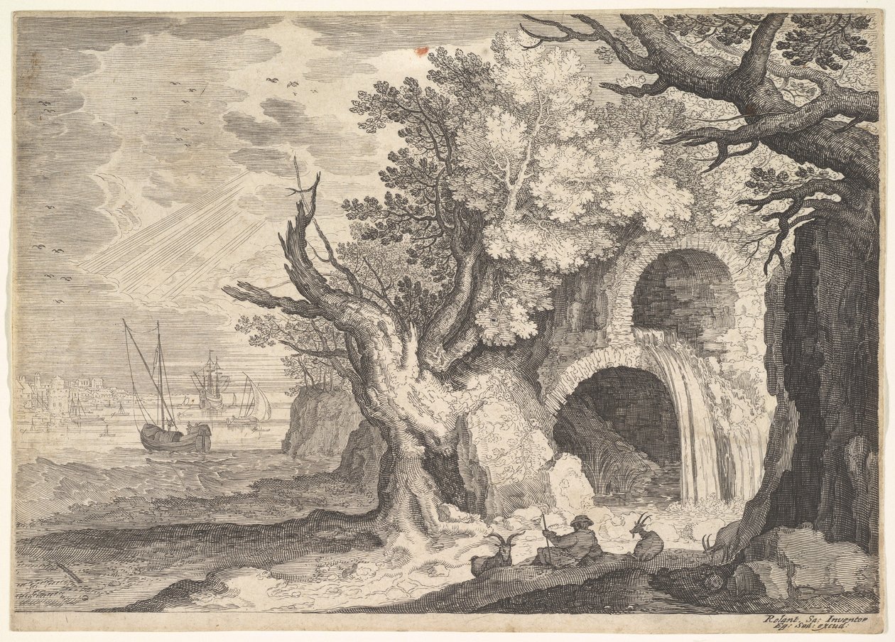 Ruiniertes Aquädukt mit Wasser, das in einen darunter liegenden Bach fließt, Schiffe auf dem Meer dahinter, eine..., ca. 1600 von Aegidius Sadeler II